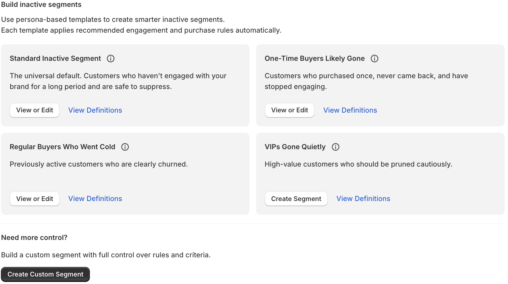 Inactive segment template cards for different customer personas, each with actions to view or edit definitions.